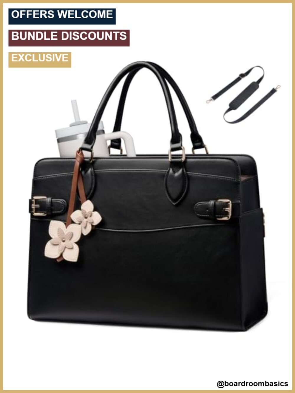 Waterproof PU Leather Laptop Tote Bag with Cup Holder 15.6 inch